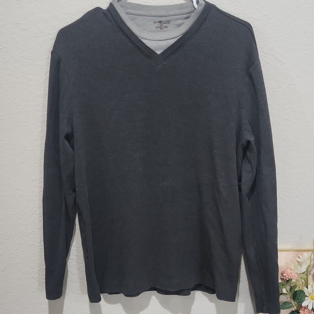 Sun River Mens Sweater‎ Medium Gray V-Neck Pullover Cotton Blend Knit Casual
